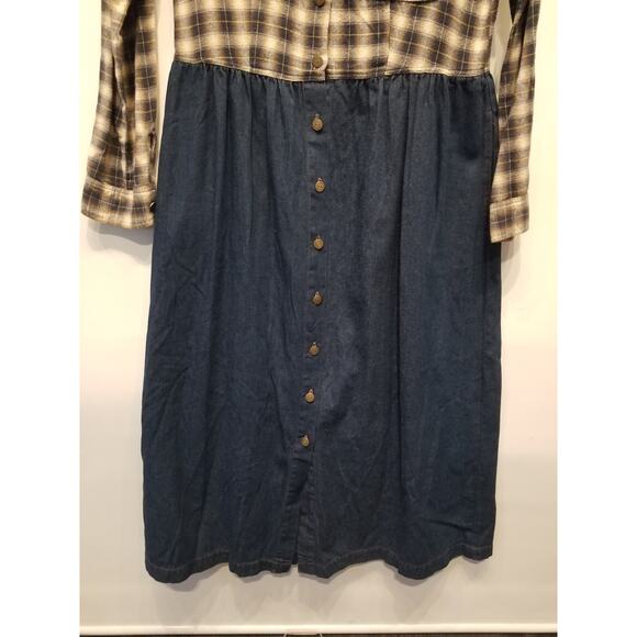 Vintage 90s Western Style Flannel Denim Dress Plaid Check Rodeo Style Size M - Picture 4 of 12